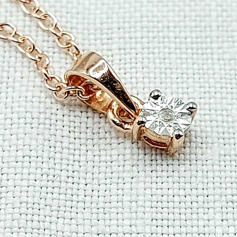 Cute Silver Pendant & Chain, Plated in Rose Gold with Central Diamond Chip