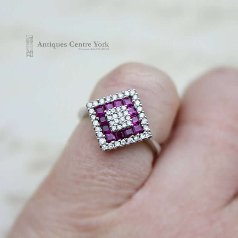 18ct White Gold Ruby & Diamond Square Cluster Ring