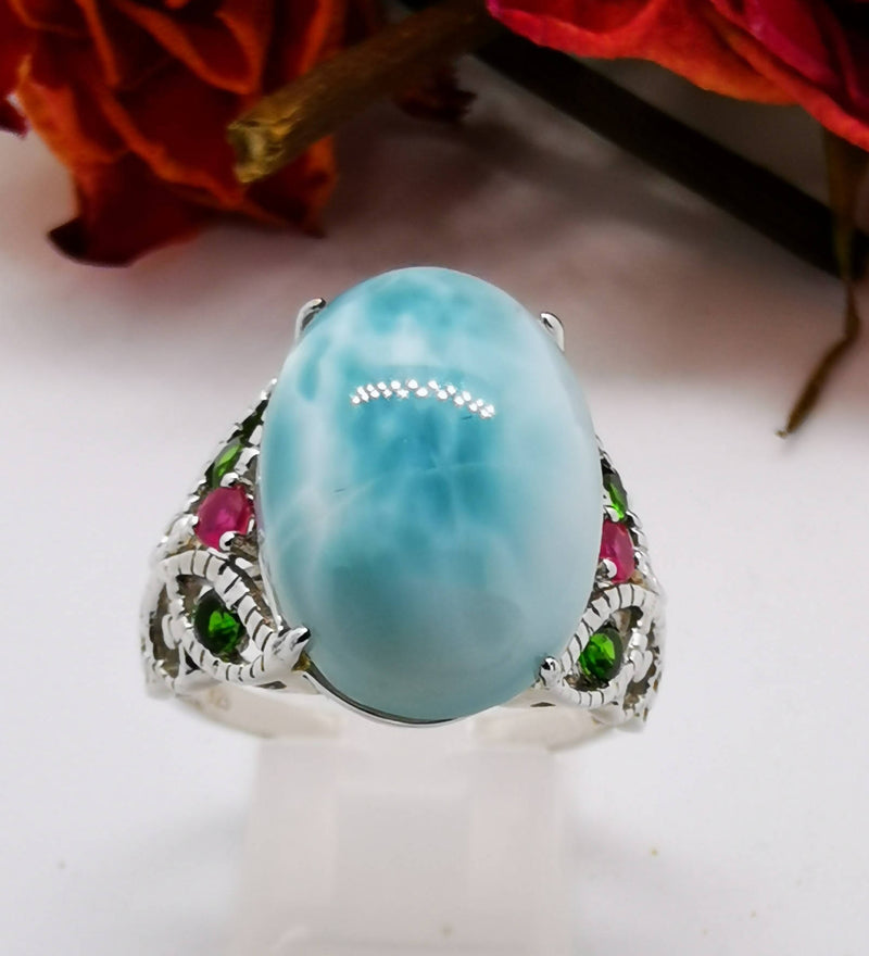 New Larimar, Ruby, Russian Diopside Sterling Silver Cocktail Ring