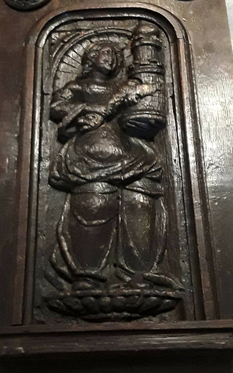 A Large Tudor Period Carving Of Saint Barbara With Dragon And Tower.