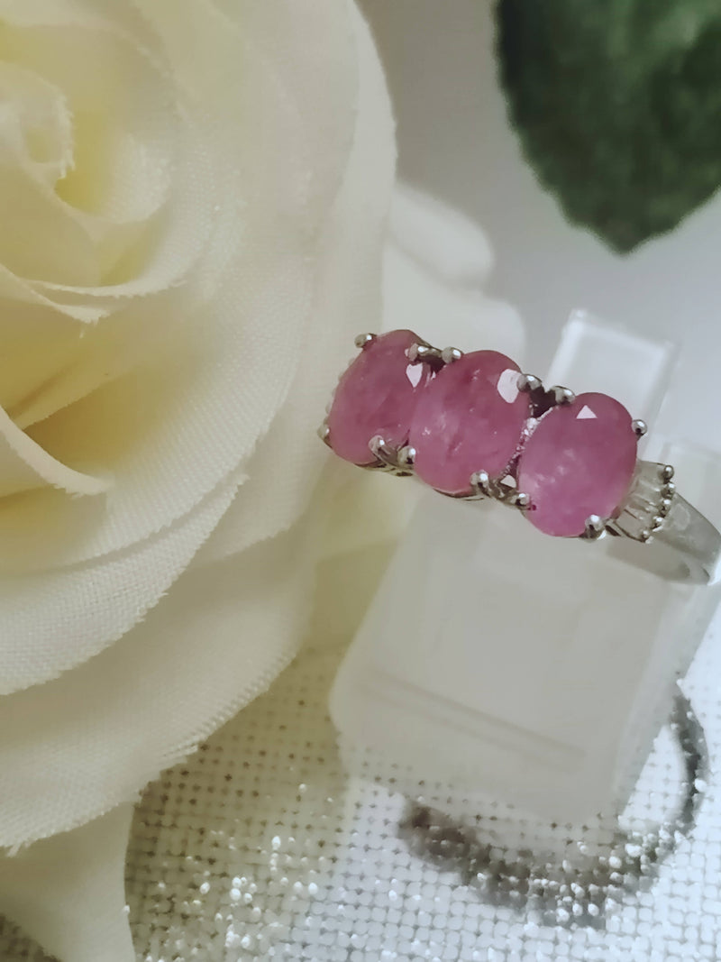 New Sterling Silver Pink Sapphire & Diamond Trilogy Ring - Size N/O