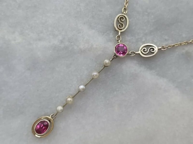 Murrle Bennett & Co 9ct Yellow Gold Art Nouveau c1910 Pink Sapphire, Ruby & Pearl Drop Necklace