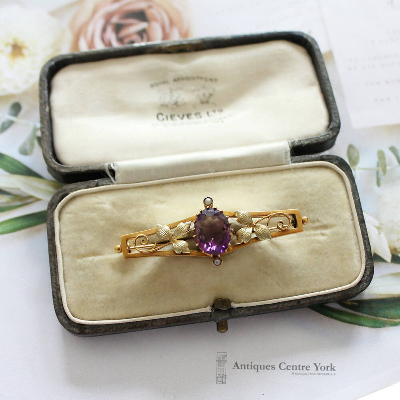 Victorian 15ct Two Colour Gold Amethyst & Pearl Brooch