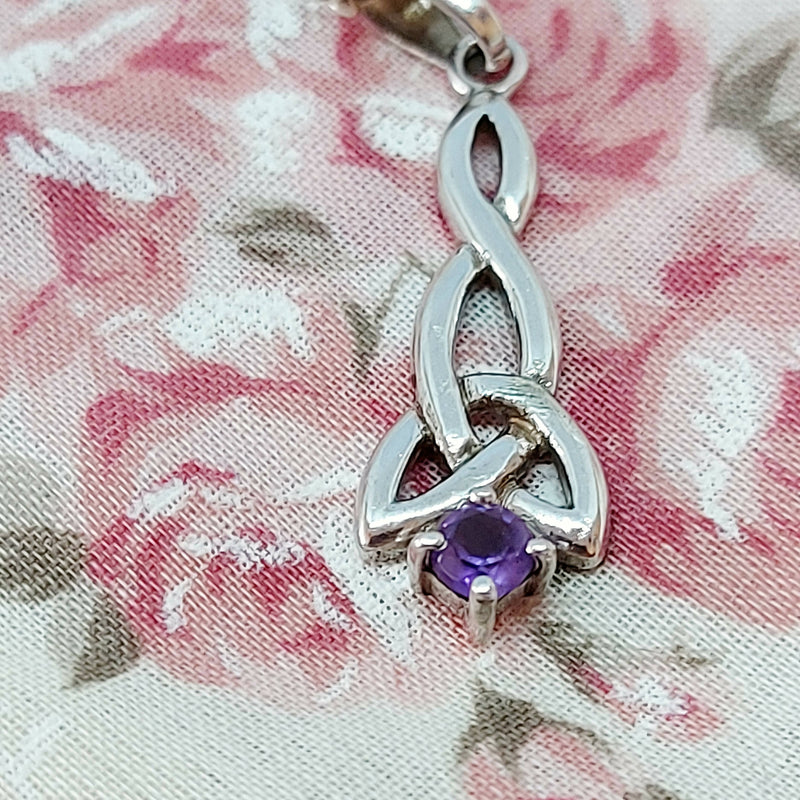 Silver Celtic & Amethyst Drop Pendant & Chain