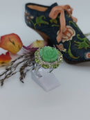 New Green Jade, Peridot and Natural Cambodian White Zircon Carved Jade Ring (Size P) in Rhodium Overlay Sterling Silver