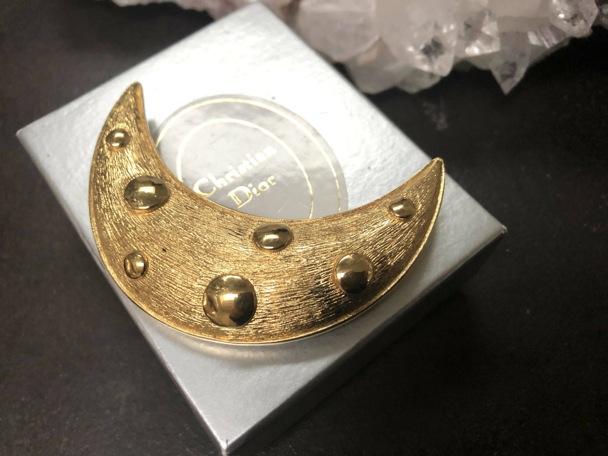Vintage Christian Dior Gold Plated Crescent Moon Brooch with Box