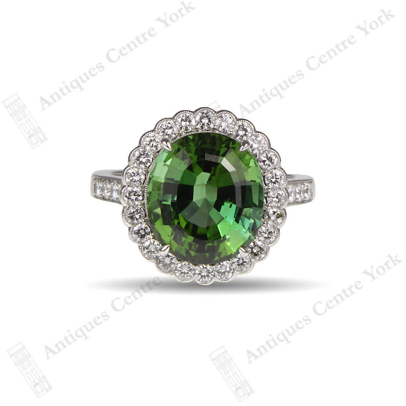Platinum Fine Green Tourmaline & Diamond Cluster Ring