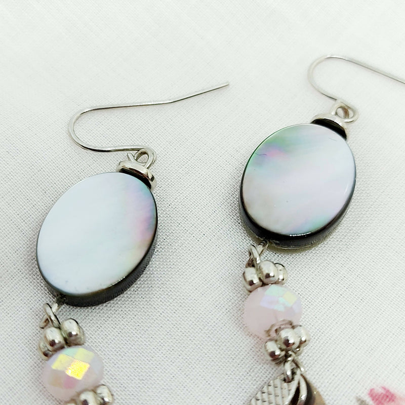 Silver Tone, Shell Effect and Pink Paste Drop Earrings