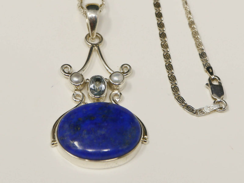 Silver, Lapis Lazuli, Topaz & Pearl Designer Pendant & Chain