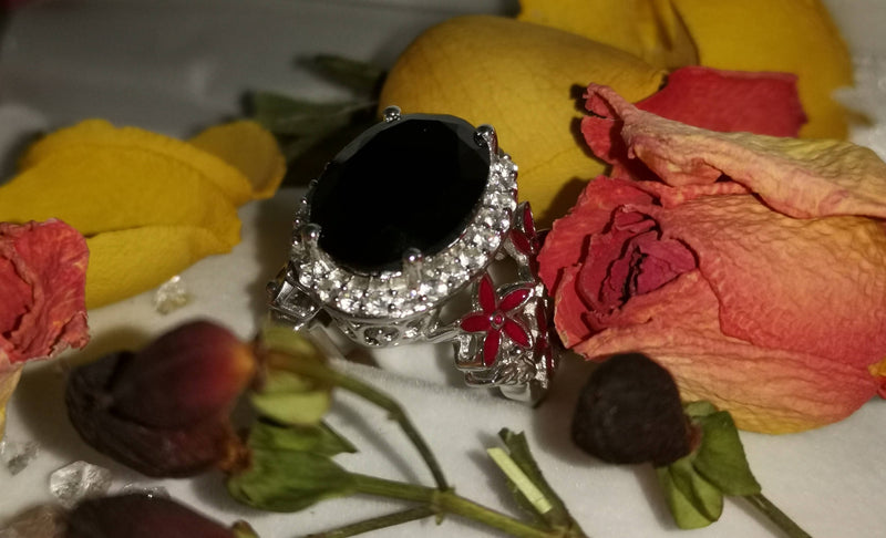New Black Tourmaline and Zircon Halo Cocktail Ring in Platinum Plated in Sterling Silver - Size O