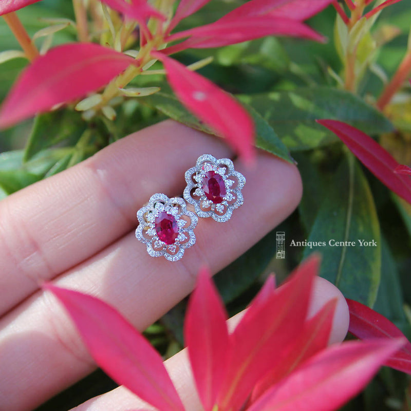 18ct White Gold Ruby & Diamond Cluster Earrings