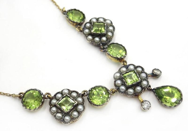 Antique Art Nouveau 9ct Gold Peridot Diamond & Seed Pearl Pendant Necklace