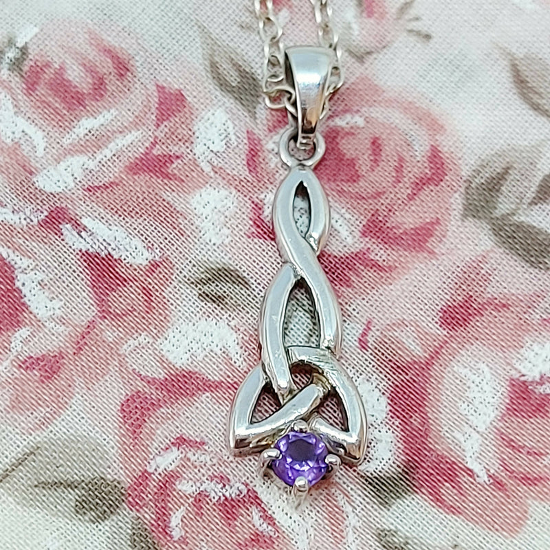 Silver Celtic & Amethyst Drop Pendant & Chain