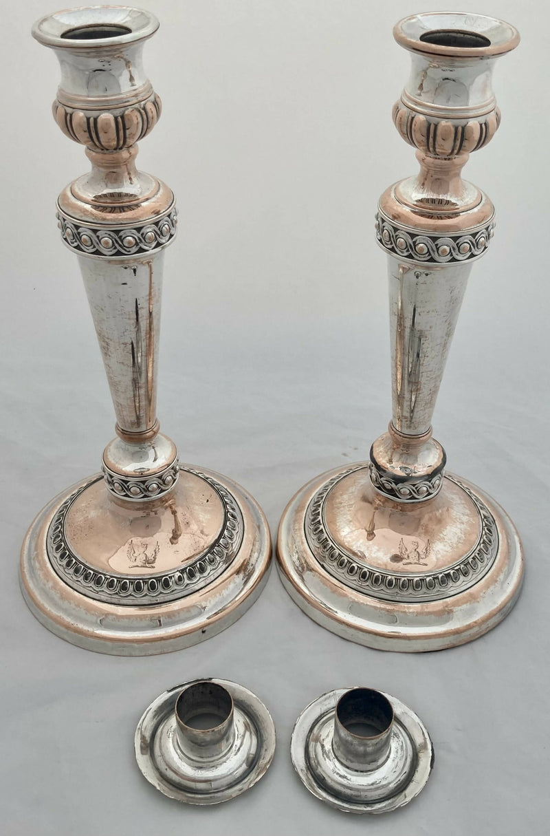 Georgian, Pair of Old Sheffield Plate Crested Candlesticks, circa 1820.