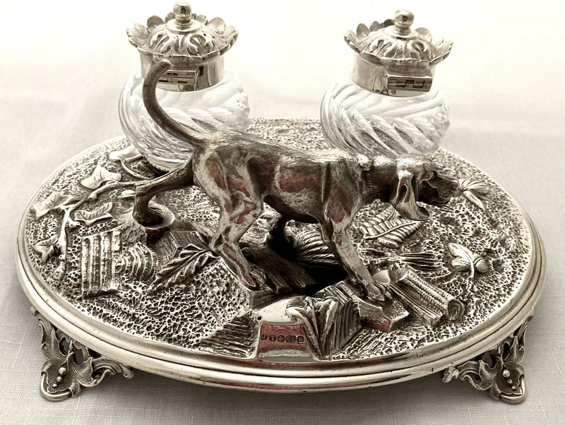 Naturalistic & Hunting Dog Themed Silver Plated Inkstand. John Turton & Co, Sheffield.
