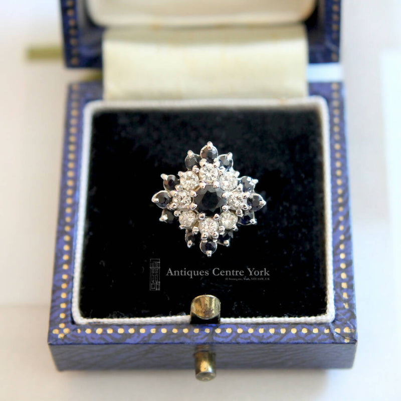 Vintage 18ct White Gold Sapphire & Diamond Cluster Ring