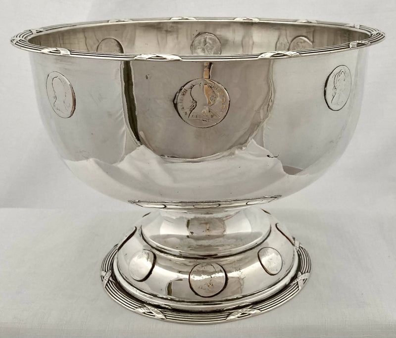 Early Victorian Silver Plated Punch Bowl Inset with Georgian Coins, Circa 1850.