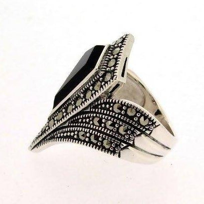 Silver Marcasite Black Art Deco Ring