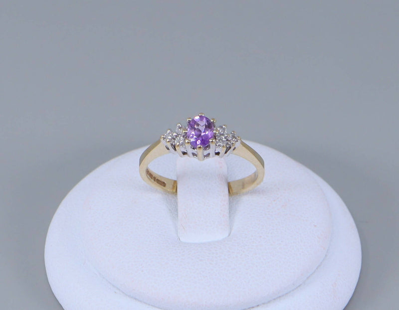 Vintage 9ct Gold Amethyst and Diamond Cluster Ring