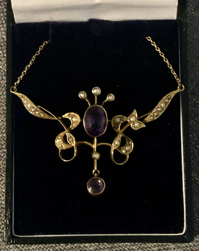 Art Nouveau c1900 9ct Yellow Gold Amethyst & Seed Pearl Drop Necklace