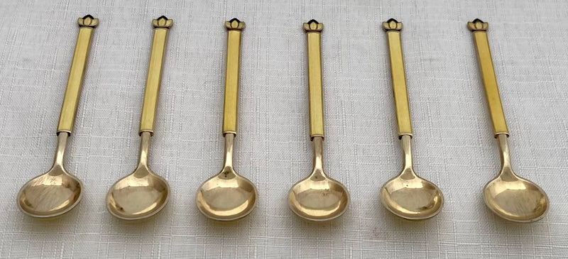 Cased Set of Six Art Deco Silver Gilt & Guilloche Enamel Demitasse Spoons. David Andersen, Norway. 2 troy ounces.