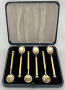 Cased Set of Six Art Deco Silver Gilt & Guilloche Enamel Demitasse Spoons. David Andersen, Norway. 2 troy ounces.