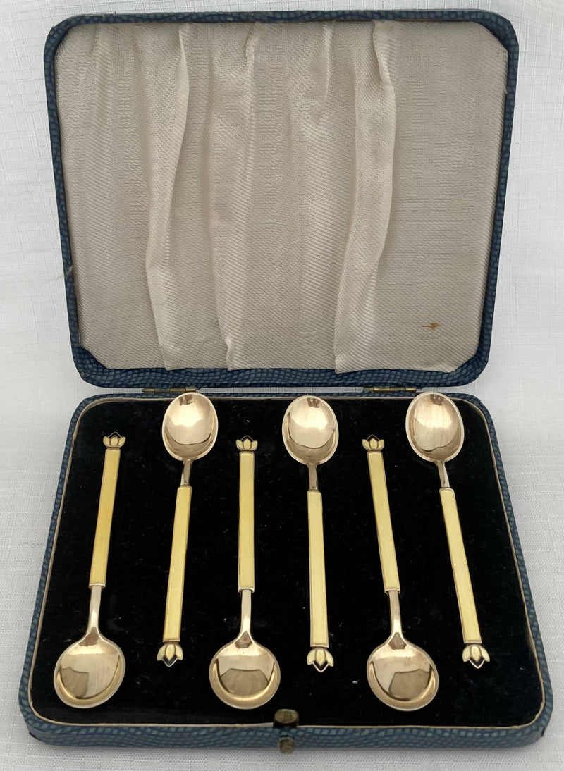 Cased Set of Six Art Deco Silver Gilt & Guilloche Enamel Demitasse Spoons. David Andersen, Norway. 2 troy ounces.