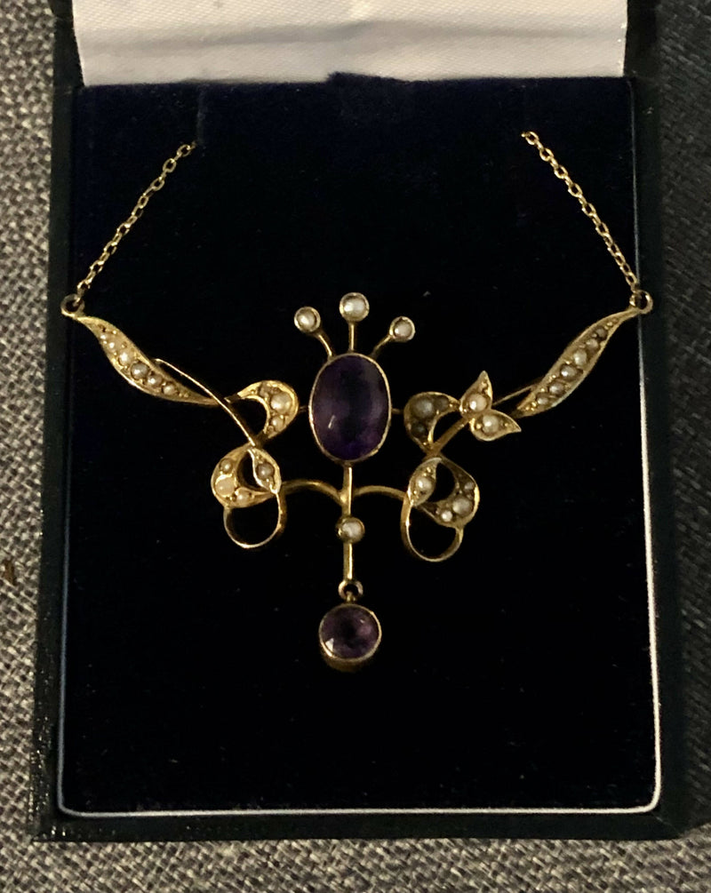 Art Nouveau c1900 9ct Yellow Gold Amethyst & Seed Pearl Drop Necklace