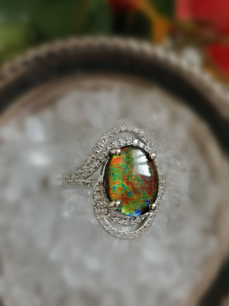 New AA Canadian Ammolite Natural Cambodian Zircon Ring in Platinum Overlay Sterling Silver - Size T