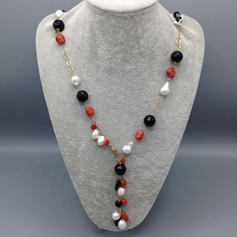 Silver gilt, red coral and baroque pearl necklace