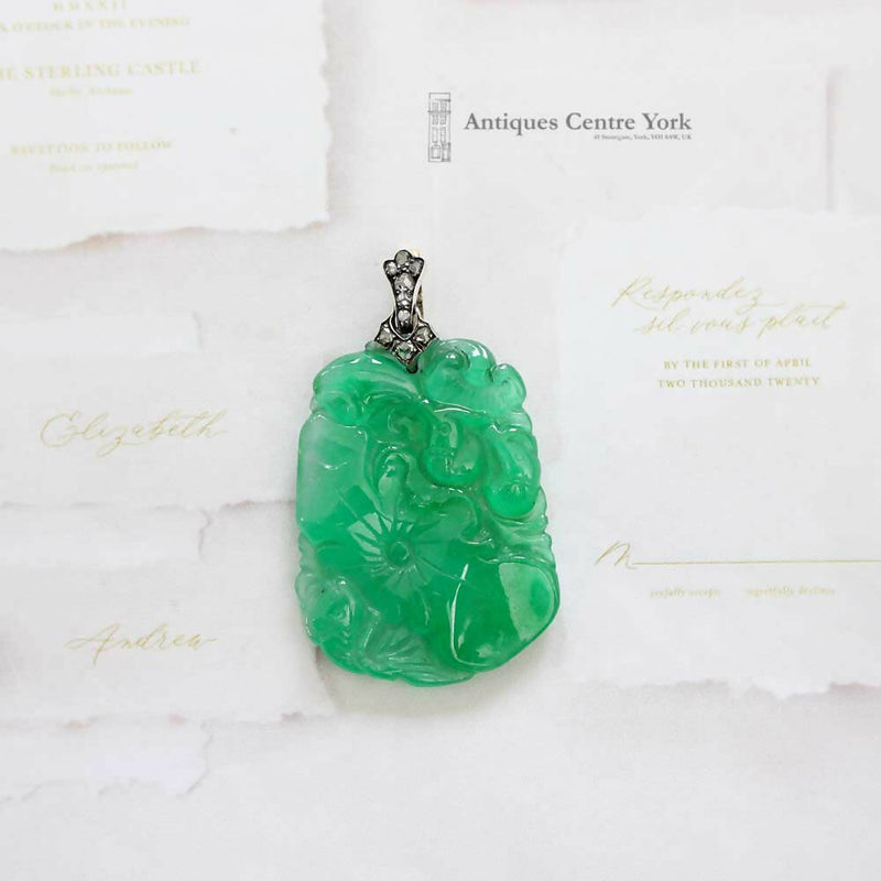 Vintage Large Carved Jade Pendant with 18ct Diamond Bail