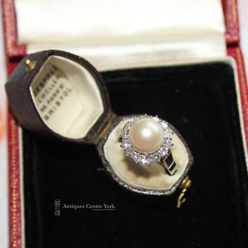 Vintage 18ct White Gold Cultured Pearl & Diamond Cluster Ring