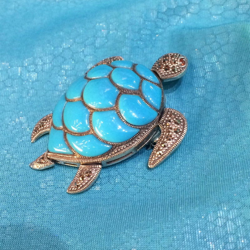 Silver Turtle Brooch Marcasite turquoise Pin Pendant