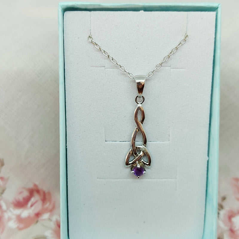 Silver Celtic & Amethyst Drop Pendant & Chain