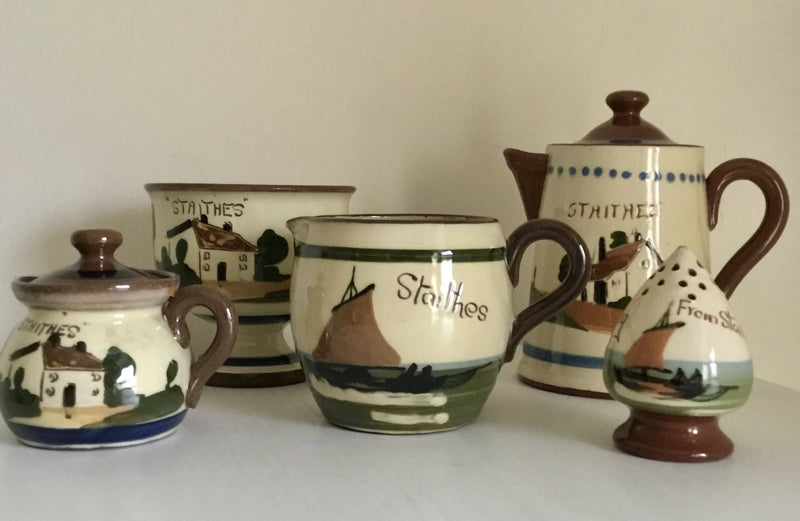 Watcombe Pottery “Staithes” Coffee Pot Sugar Bowl Milk Jug Mustard Pot Pepper Pot. Torquayware