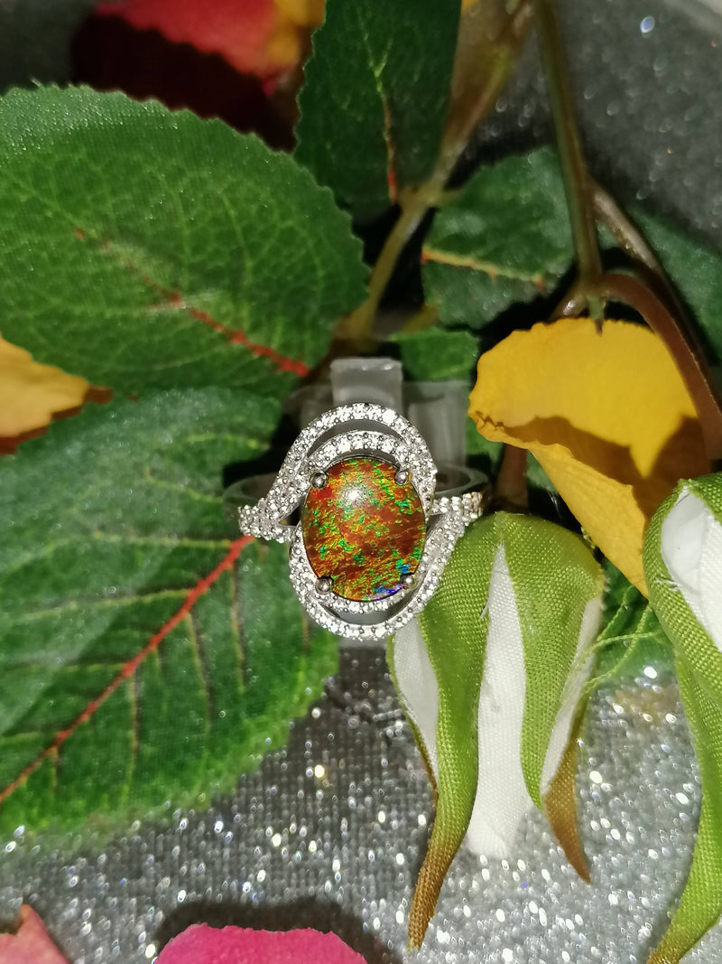 New AA Canadian Ammolite Natural Cambodian Zircon Ring in Platinum Overlay Sterling Silver - Size T