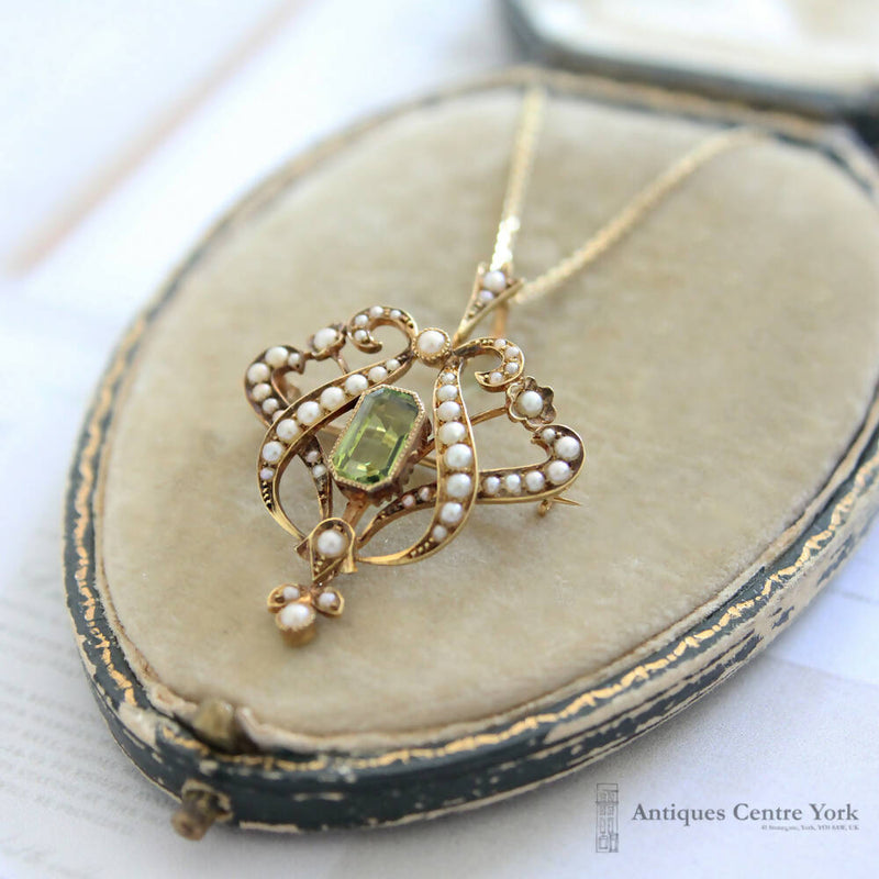 Art Nouveau 15ct Peridot & Pearl Pendant/Brooch