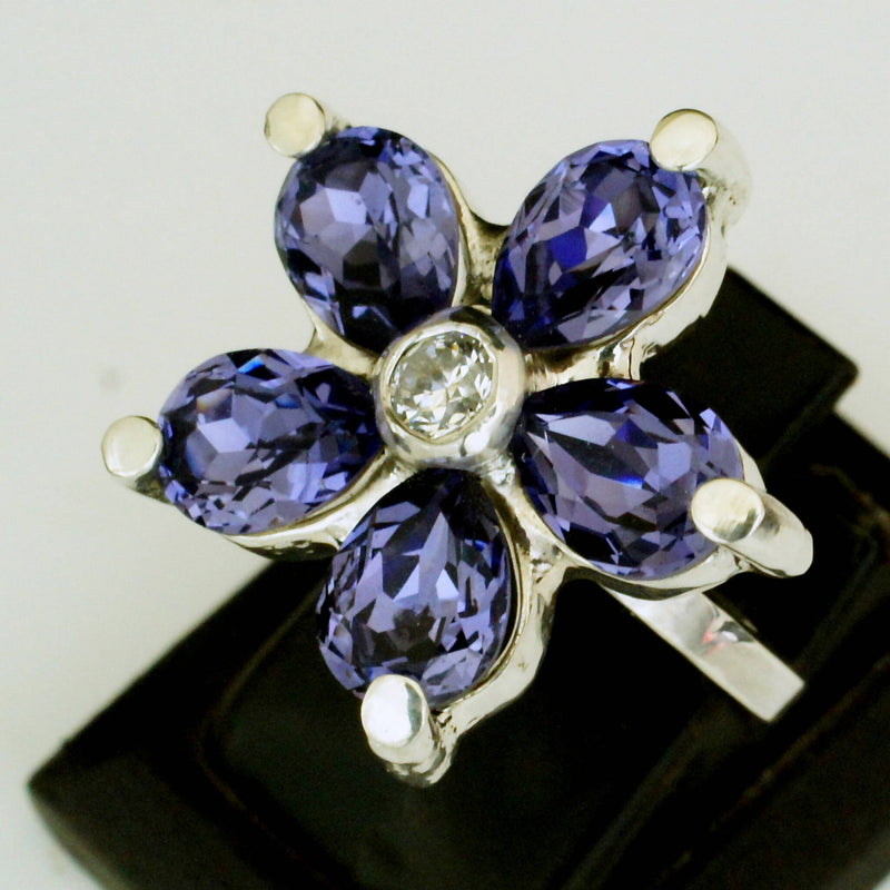 Jake: Swarovski crystal and cz silver flower ring