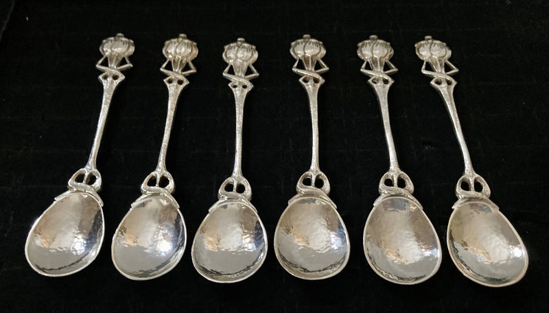 Edwardian Period set of Six Arts & Crafts Coffee Spoons with Entrelac Stems & Seed Pod Terminals.