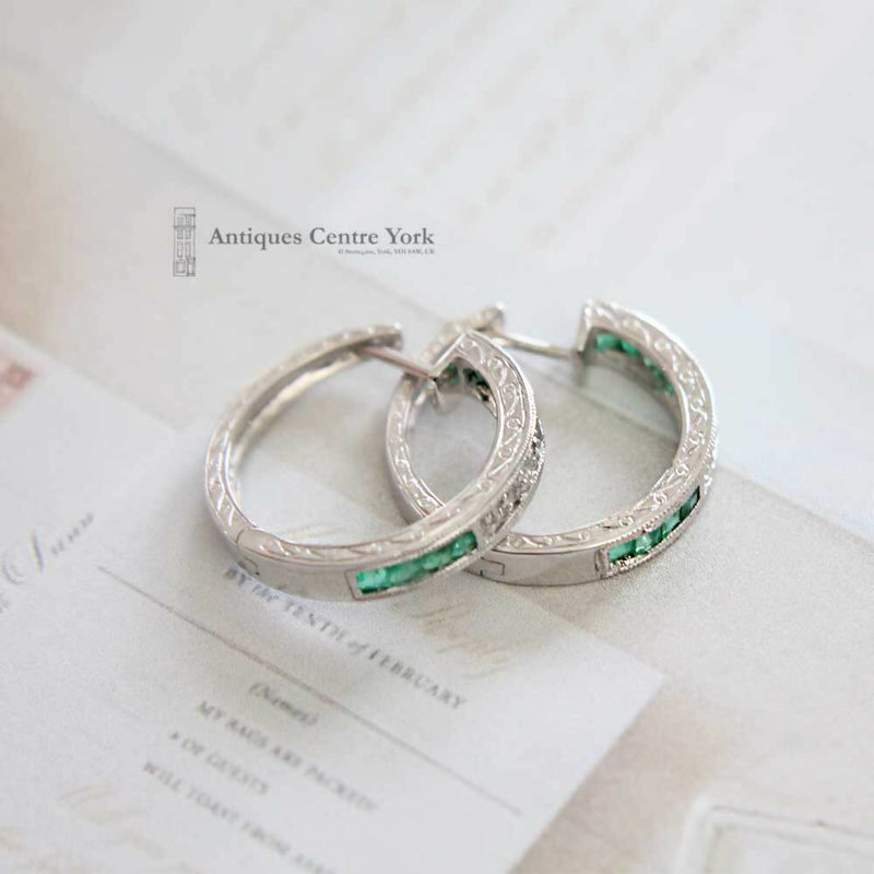 14ct White Gold Emerald & Diamond Hoop Earrings