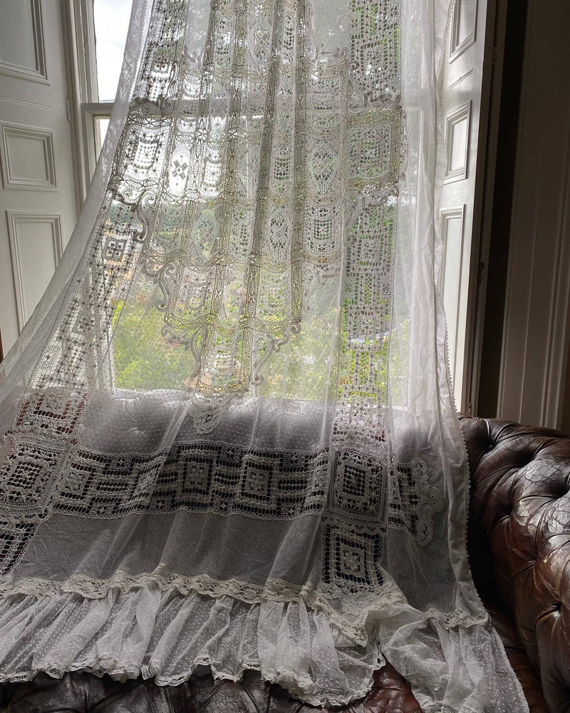 Antique tulle patchwork tulle beautiful off white Cotton Lace Curtain Panel recuperated from château