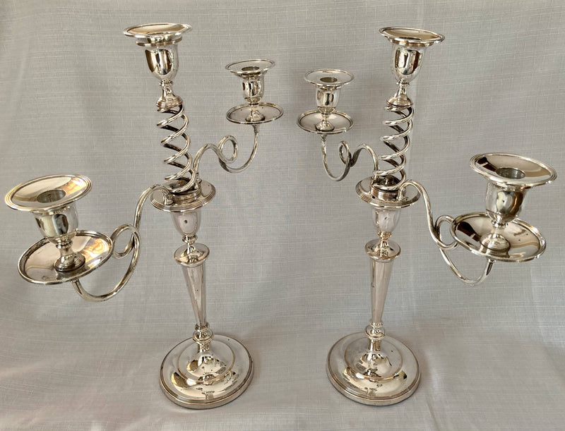 Georgian, George III, Pair of Old Sheffield Plate Three Light Candelabra, circa 1800 - 1810.