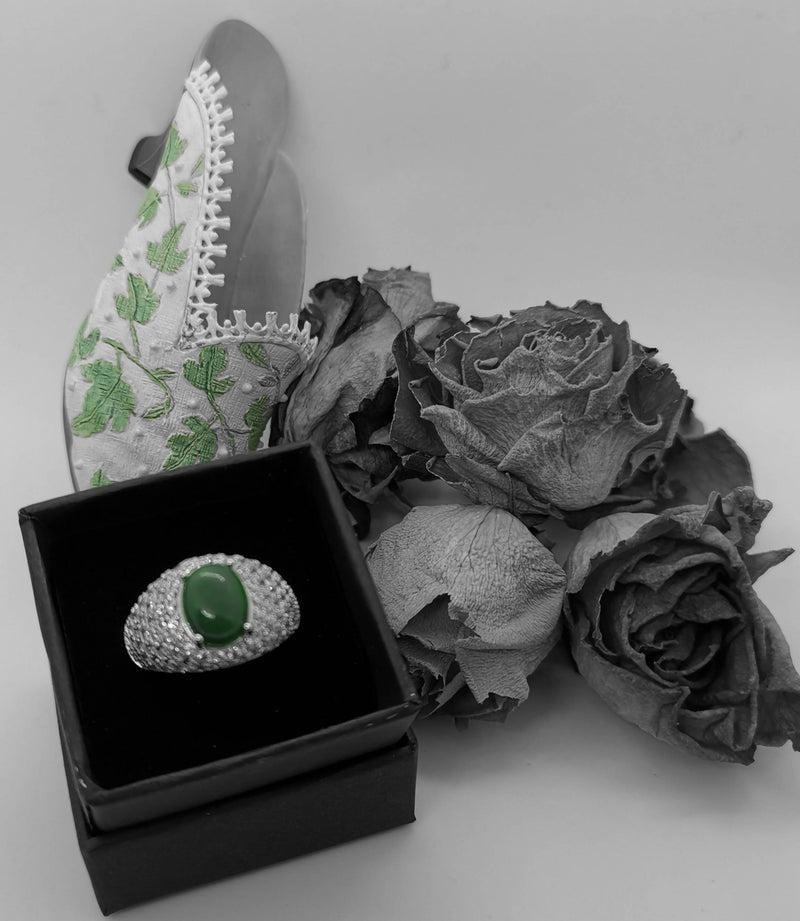 New Natural Green Jade and Zircon Sterling Silver Statement Ring - Size N/O