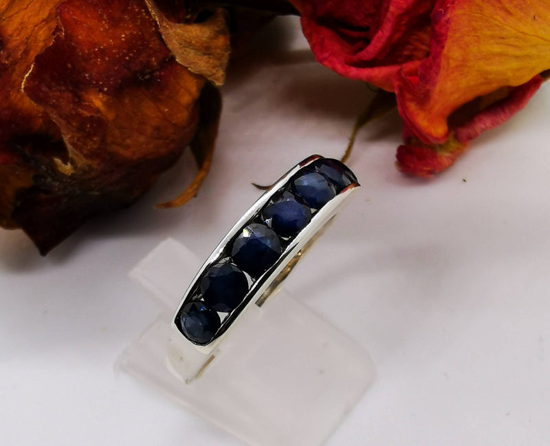 New Blue Sapphire Half Eternity Band Ring in Rhodium Overlay Sterling Silver
