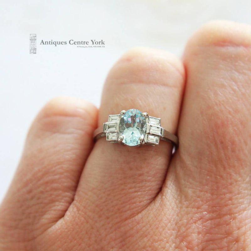 Art Deco Style Platinum Aquamarine & Baguette Diamond Ring