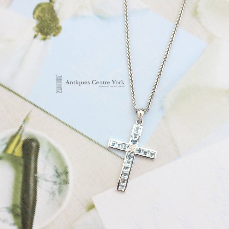18ct White Gold Aquamarine & Diamond Cross