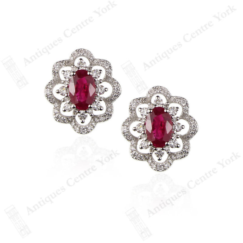 18ct White Gold Ruby & Diamond Cluster Earrings