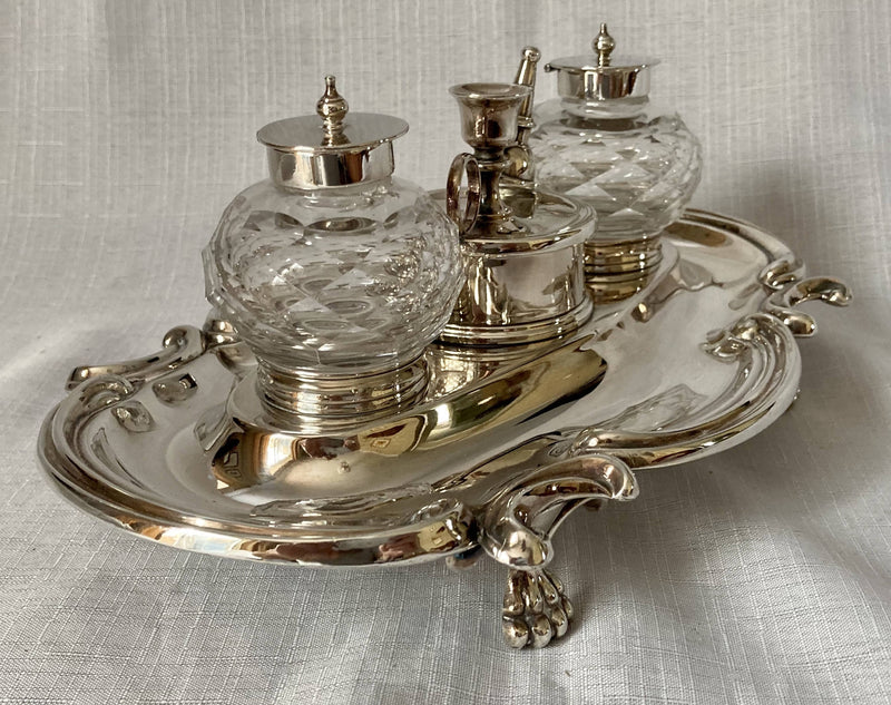 Georgian Style Silver Plated Inkstand with Twin Inkwells & Taperstick Holder.