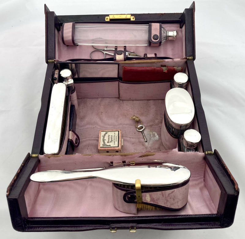 Vintage Leather Edwardian Cosmetics Vanity Case Complete With 