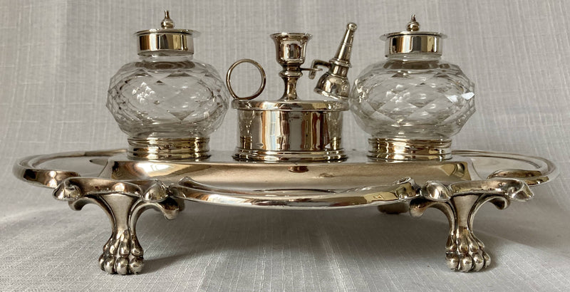 Georgian Style Silver Plated Inkstand with Twin Inkwells & Taperstick Holder.